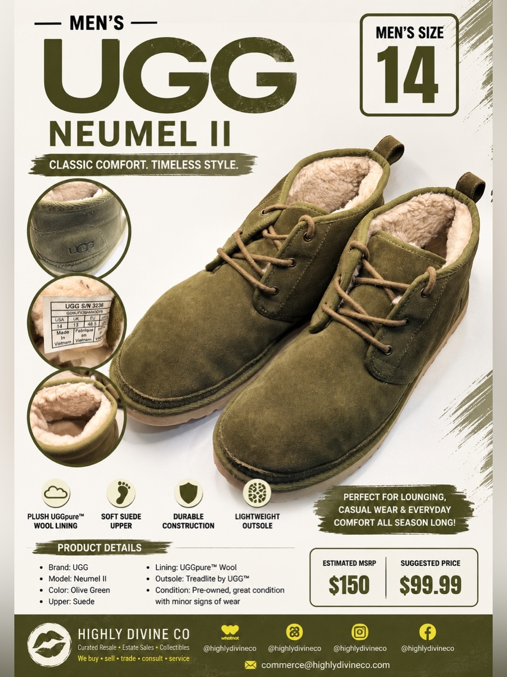 UGG Neumel Men’s Olive Green Suede Shearling-Lined Chukka Boots – Size 14